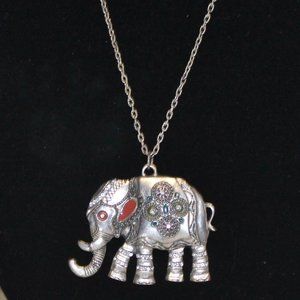 Lucky Jeweled Marcasite Stone Silver Elephant Charm Necklace